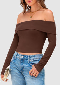 Off The Shoulder Top for Women 2025 Long Sleeve Shirts Trendy Going Out Crop Tops Spring Fashion Clothes