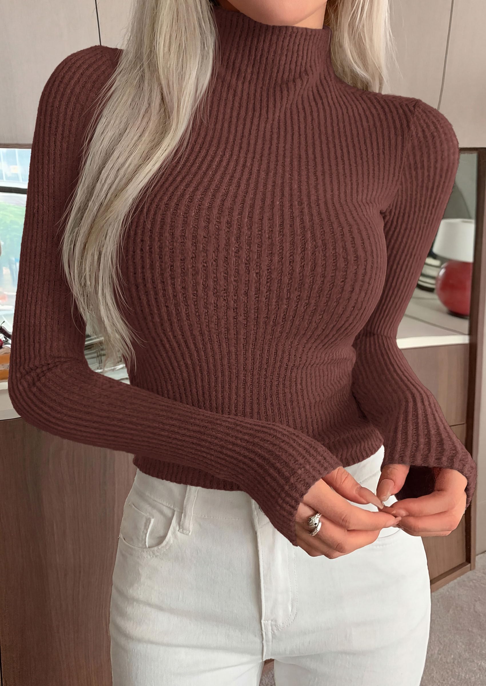 PRETTYGARDEN Long Sleeve T Shirts for Women Fall Fashion Mock Neck Fitted Ribbed Tee Tops Casual Basic Winter Clothing