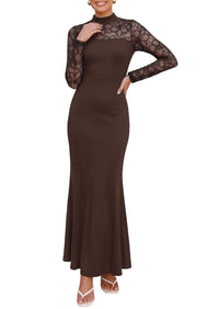 PRETTYGARDEN Women's Fall Lace Sheer Dress Bodycon Maxi Cocktail Dresses  Long Sleeve, Patchwork Mock Neck, Slim Fit, Elegant Mermaid, Semi Formal Outfits for Wedding Guest, Evening, Birthday Party