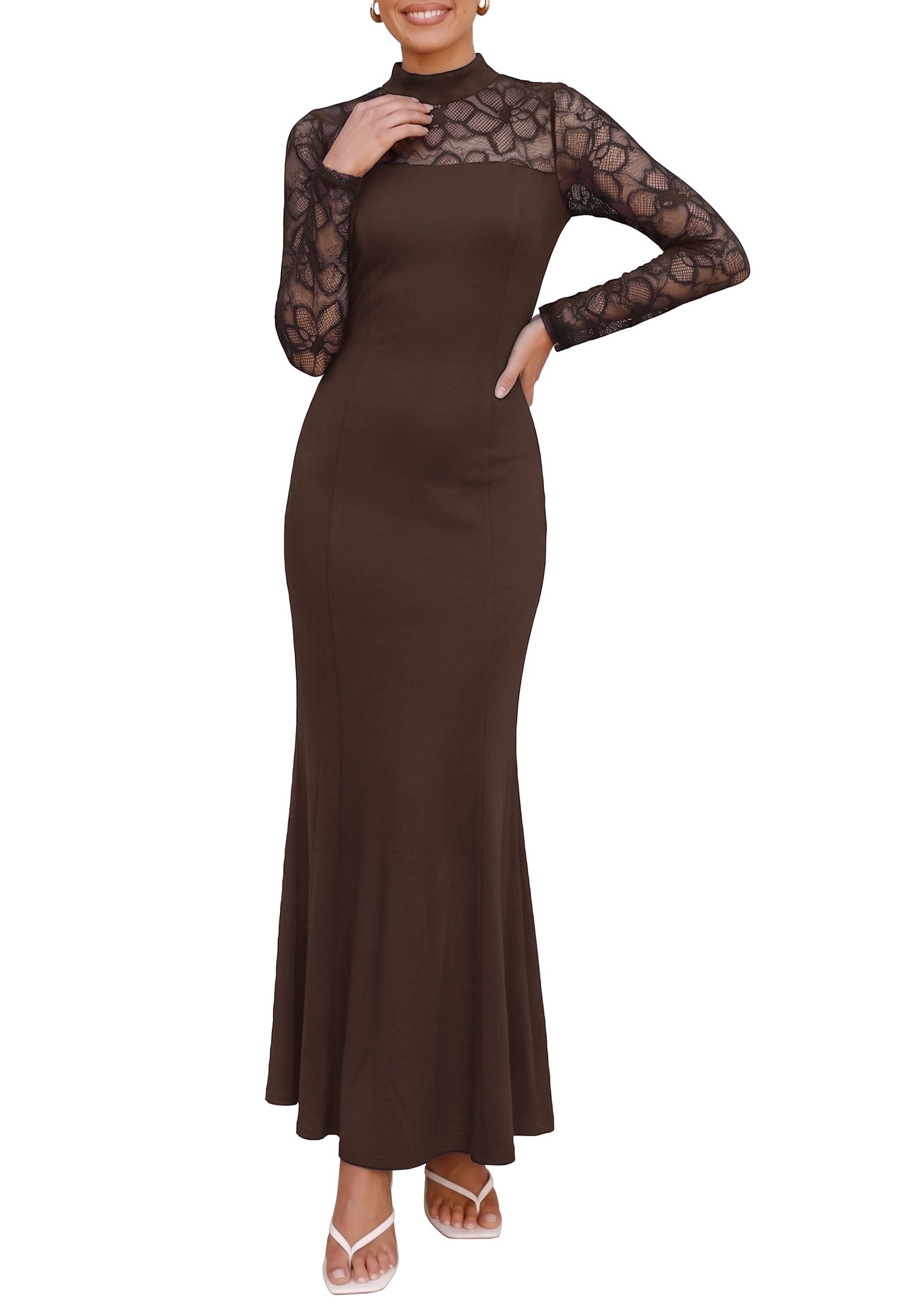 PRETTYGARDEN Women's Fall Lace Sheer Dress Bodycon Maxi Cocktail Dresses  Long Sleeve, Patchwork Mock Neck, Slim Fit, Elegant Mermaid, Semi Formal Outfits for Wedding Guest, Evening, Birthday Party
