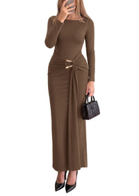 PRETTYGARDEN Women's Long Sleeve Ruched Bodycon Maxi Dress | Wedding Guest Dresses, Twist Knot Waist, Back Slit, Slim Fitted, Formal Wear, Cocktail Holiday Party, Date Night Fall Outfits