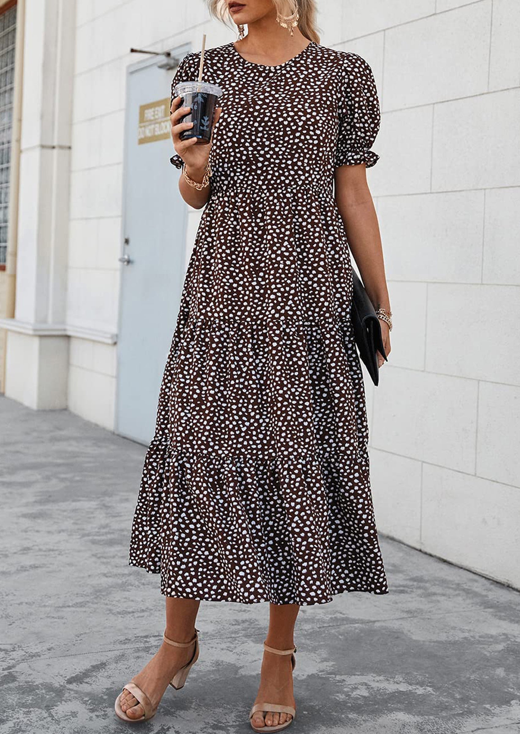 PRETTYGARDEN Women's Summer Casual Floral Boho Dress Puff Short Sleeve Ruffle Flowy Beach Party Midi Dresses