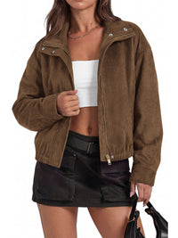 PRETTYGARDEN Lightweight Faux Suede Cropped Bomber Jacket Women Outerwear | Full Zipper, Elastic Hem, Lapel Collar, Long Sleeve Fall Jackets, Loose Fit Ladies Coats, Fashion Clothing with Pockets