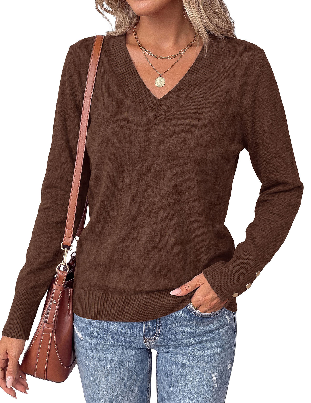 PRETTYGARDEN Fall Sweaters for Women V Neck Lightweight Pullover  Soft Knit Sweater Tops,Long Sleeve,Slit Cuffs with Decorative Button,Work Business Casual Outfits,Layering Winter Clothes