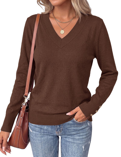 PRETTYGARDEN Fall Sweaters for Women V Neck Lightweight Pullover  Soft Knit Sweater Tops,Long Sleeve,Slit Cuffs with Decorative Button,Work Business Casual Outfits,Layering Winter Clothes
