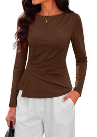 PRETTYGARDEN Womens Ruched Tops Casual Long Sleeve Shirt  Soft Stretchy Knit, Round Neck Slim Fitted Shape, Pleated Asymmetrical Hem, Office Work Daily Wear, Trendy Fall Outfits