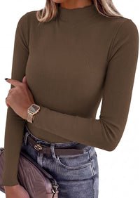 PRETTYGARDEN Women's Fall Long Sleeve Shirts Basic Tees | Soft Stretchy Ribbed Fabric, Lettuce Trim Mock Neck, Slim Fitted Cute Tops, Layering Fashion Clothing, Trendy Casual Outfits