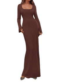 PRETTYGARDEN Women's Fall Long Sleeve Maxi Bodycon Dresses | Soft Stretchy Ribbed Knit, Bell Sleeve Square Neck Mermaid, Elegant Long Dress, Wedding Guest Party, 2026 Winter Clothing
