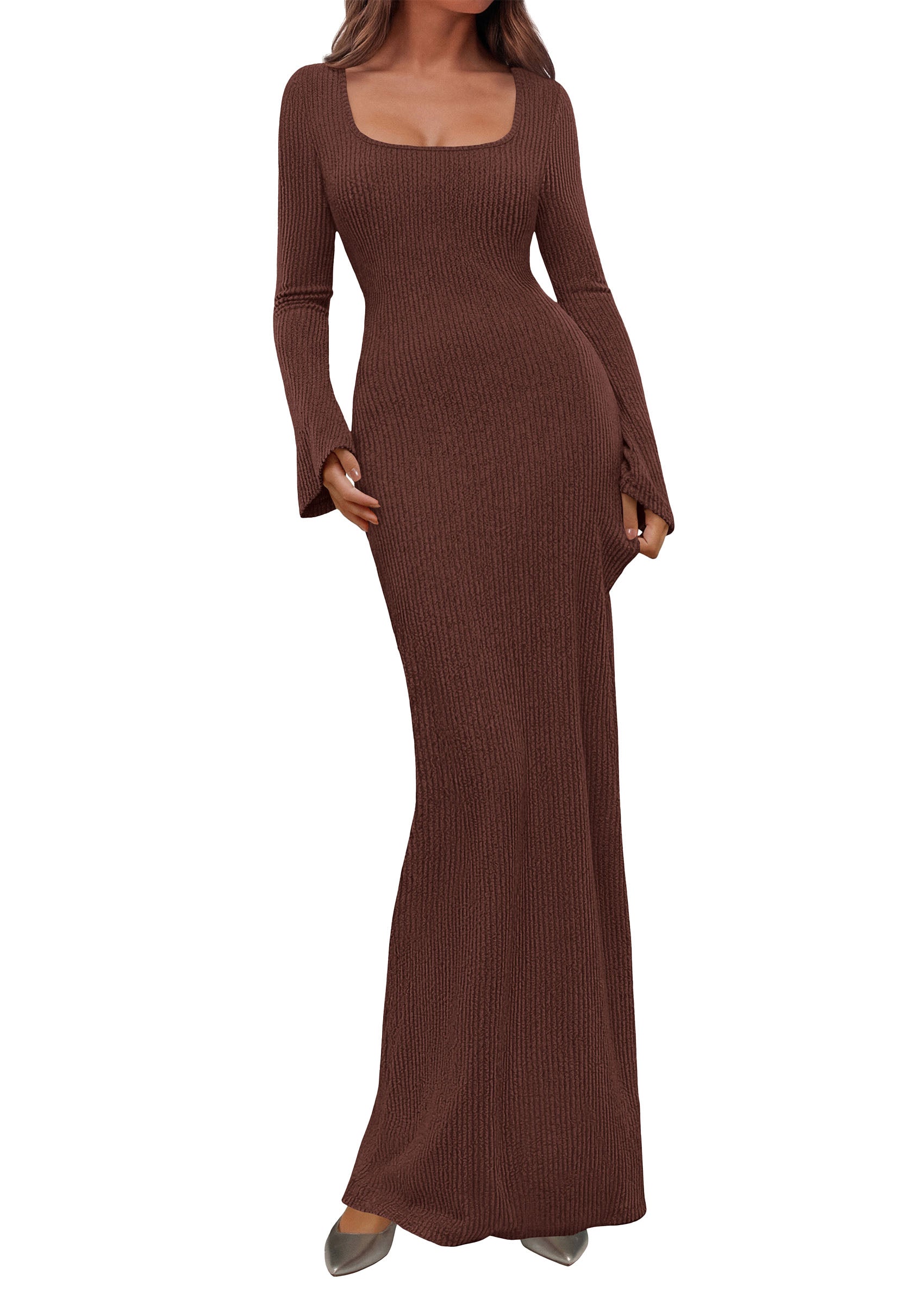 PRETTYGARDEN Women's Fall Long Sleeve Maxi Bodycon Dresses | Soft Stretchy Ribbed Knit, Bell Sleeve Square Neck Mermaid, Elegant Long Dress, Wedding Guest Party, 2026 Winter Clothing
