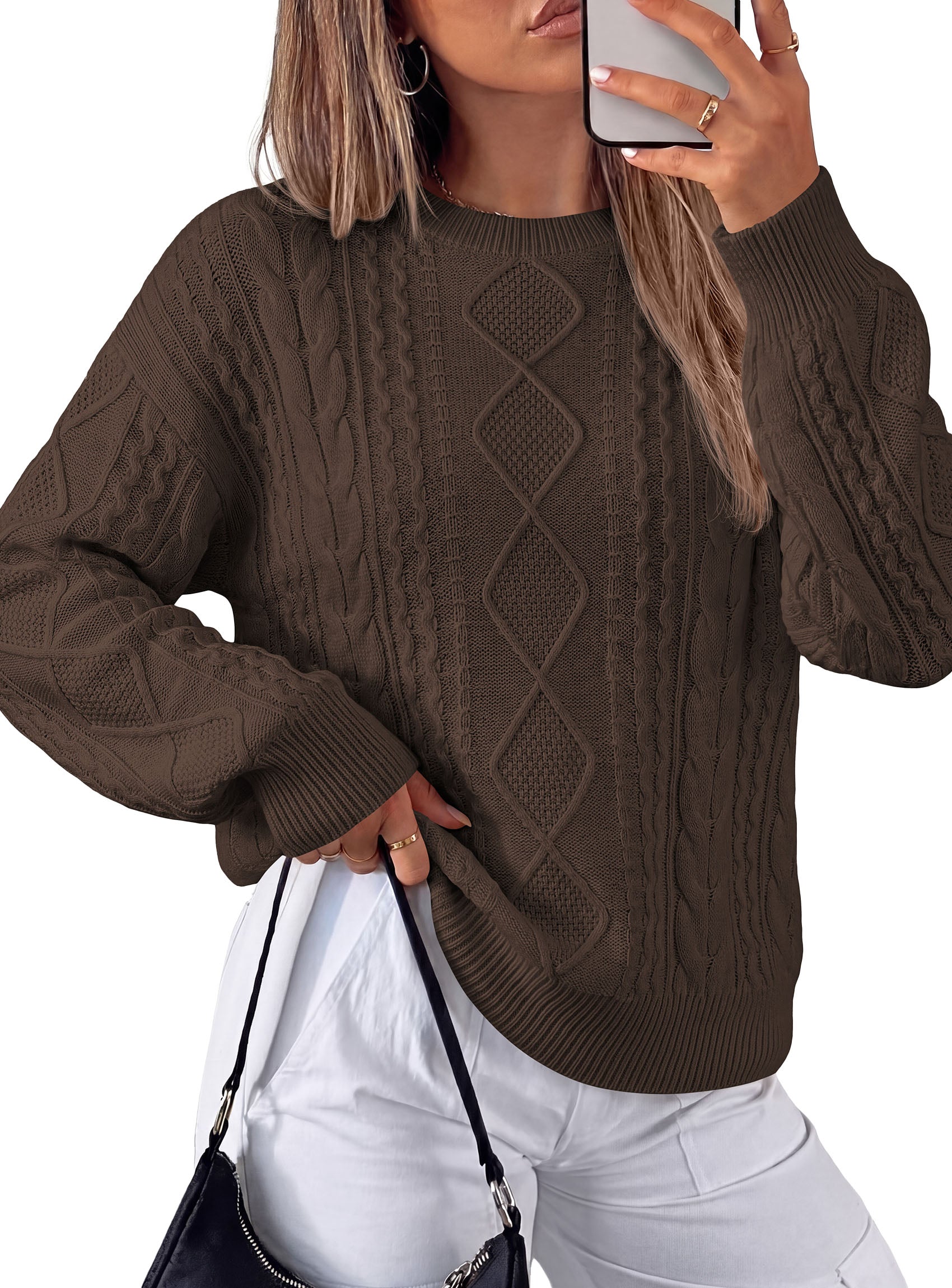 PRETTYGARDEN Womens Cable Knit Sweater Crewneck Pullover | Soft Ribbed Cuffs,Relaxed Fit Long Sleeve Sweaters,Chunky Diamond,Warm Layering,Comfy Daily Wear,Fall Winter Going out Top
