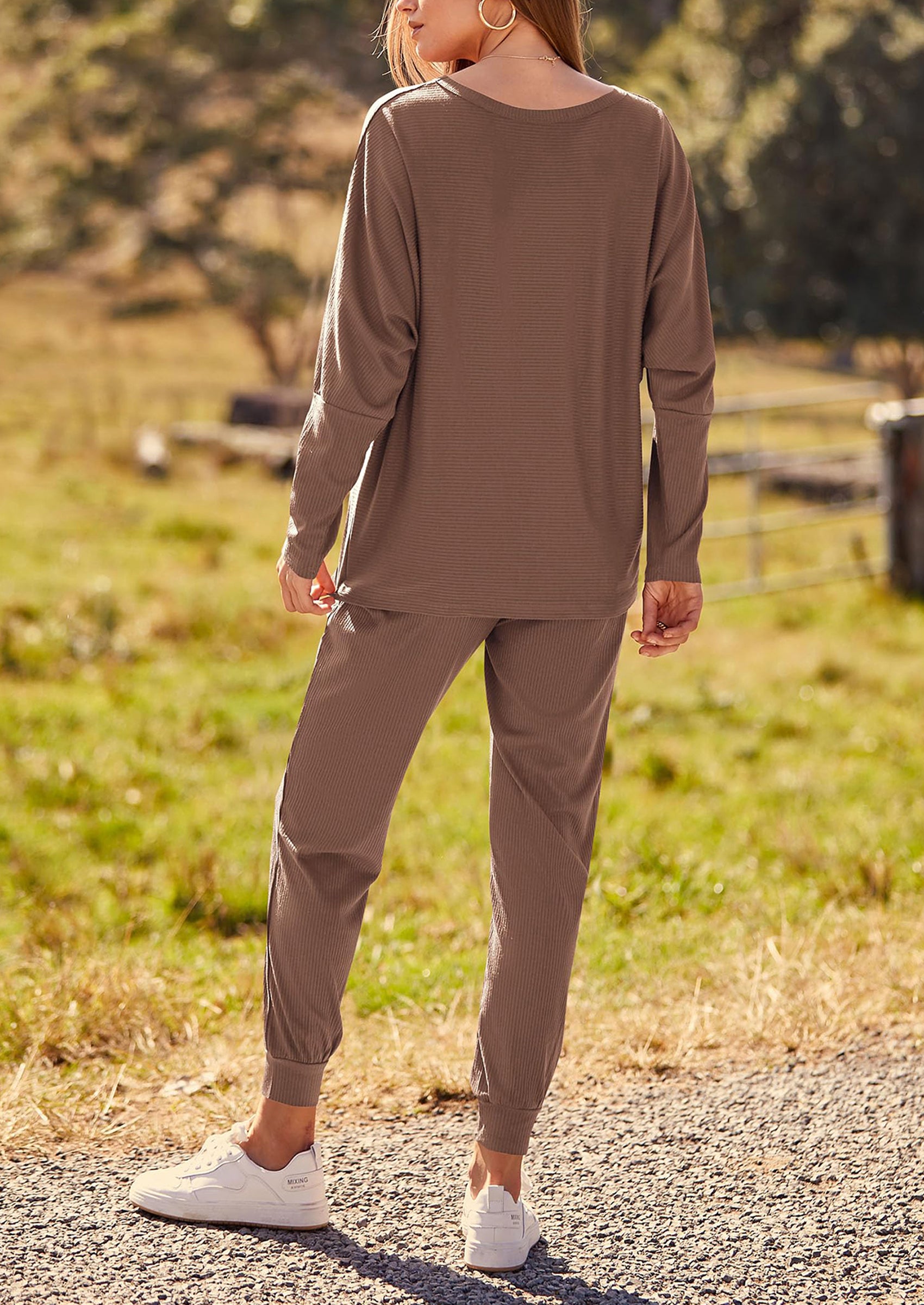 PRETTYGARDEN Women's Fall 2 Piece Lounge Set Long Sleeve Tops Ribbed Pants Spring Matching Sweatsuit Travel Outfits Clothes