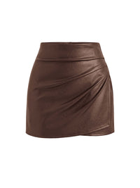 PRETTYGARDEN Womens Faux Leather Ruched Mini Skirt with Shorts | High Waisted Asymmetry Hem Wrap Bodycon Pencil Short Skirts, Dressy Casual Y2k Clothes, Fashion Date Night Fall Outfits