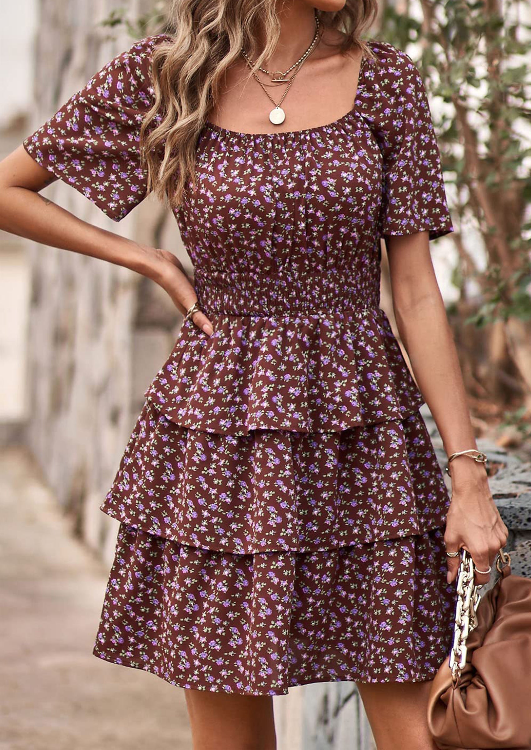 PRETTYGARDEN Women Floral Square Neck Short Sleeve Tiered Ruffle Boho Mini Dresses