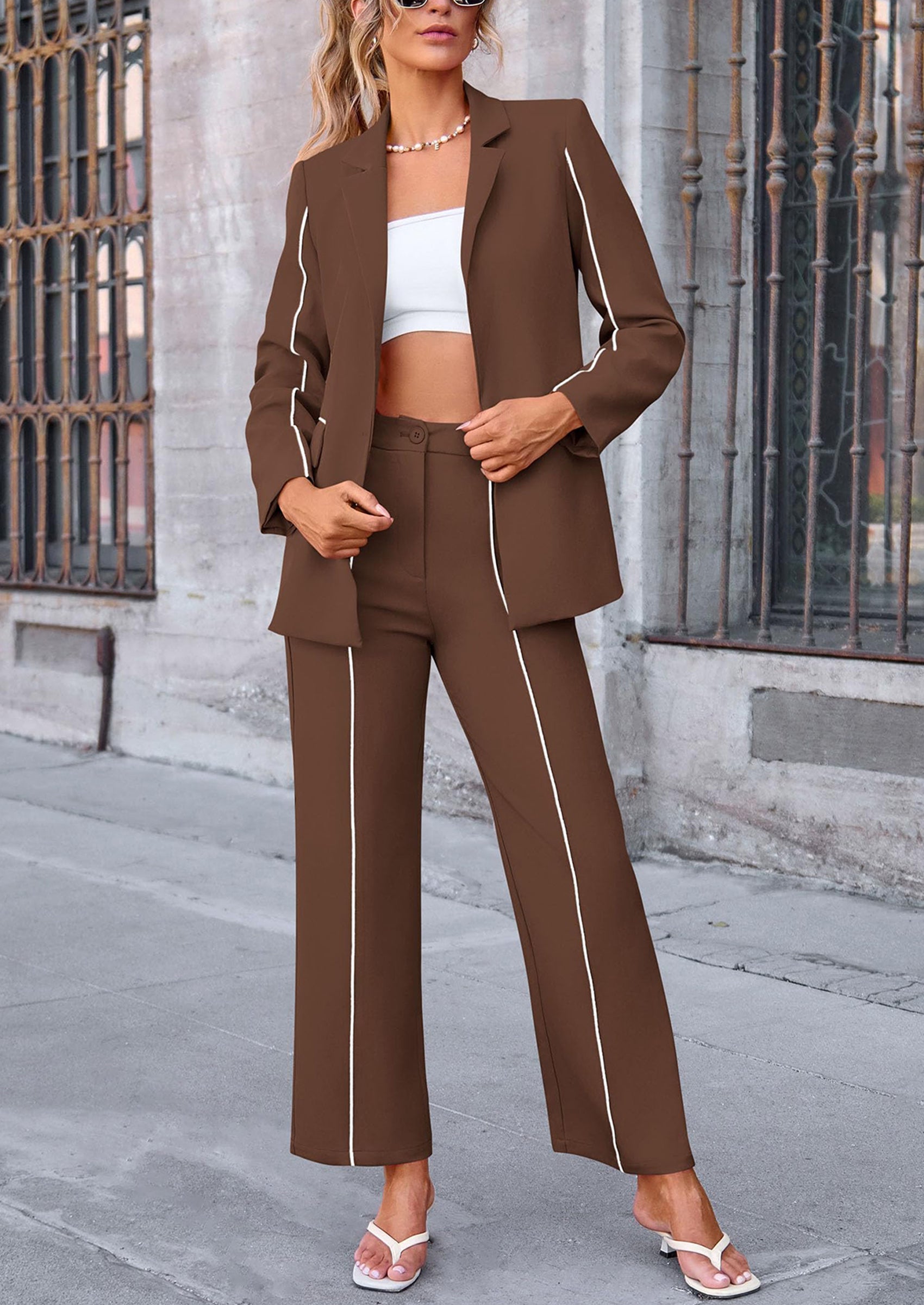 PRETTYGARDEN 2 Piece Blazer Outfits Business Casual Oversized Jacket Wide Leg Work Pants Dressy Suit Set
