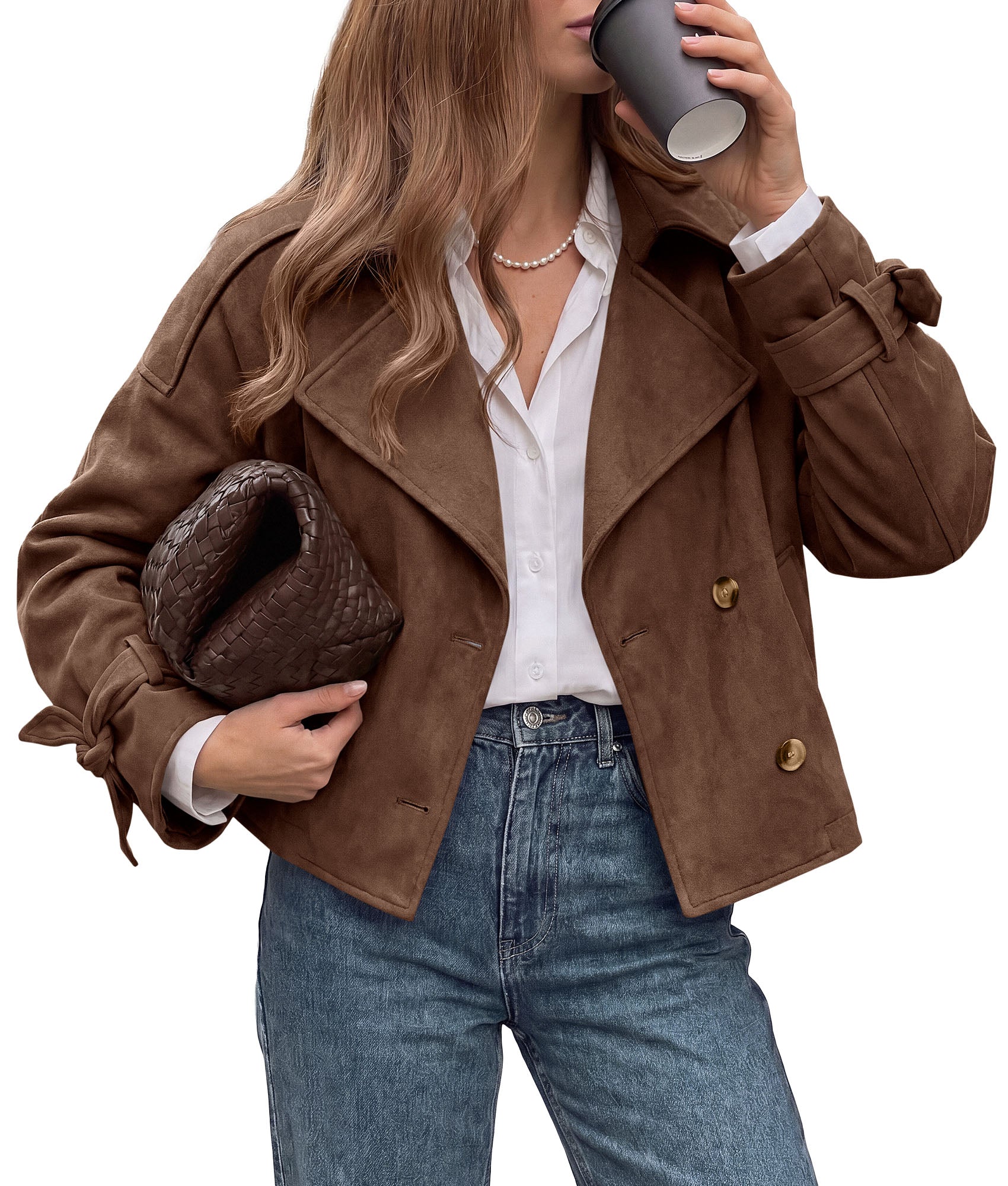 PRETTYGARDEN Women Faux Suede Double Breasted Trench Coat Cropped Jackets  Raglan Long Sleeve,Lapel,Tie Cuff,Button Down,Fall Fashion Outerwear,Winter Clothes,Work Office Casual Short Jacket