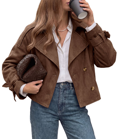 PRETTYGARDEN Women Faux Suede Double Breasted Trench Coat Cropped Jackets  Raglan Long Sleeve,Lapel,Tie Cuff,Button Down,Fall Fashion Outerwear,Winter Clothes,Work Office Casual Short Jacket