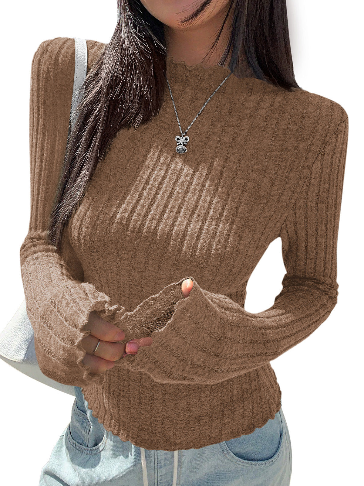 PRETTYGARDEN Womens Long Sleeve Shirts 2026 Fashion Lettuce Trim Mock Neck Slim Fit Fall Tops Casual Tee Shirt Y2k Outfits