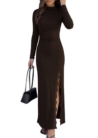 PRETTYGARDEN Womens Mock Neck Long Sleeve Bodycon Maxi Dress  Formal Ruched Lace Trim Long Dresses, High Slit Elegant Gown for Wedding Guest, Cocktail Party, Fall Date Night Outfit