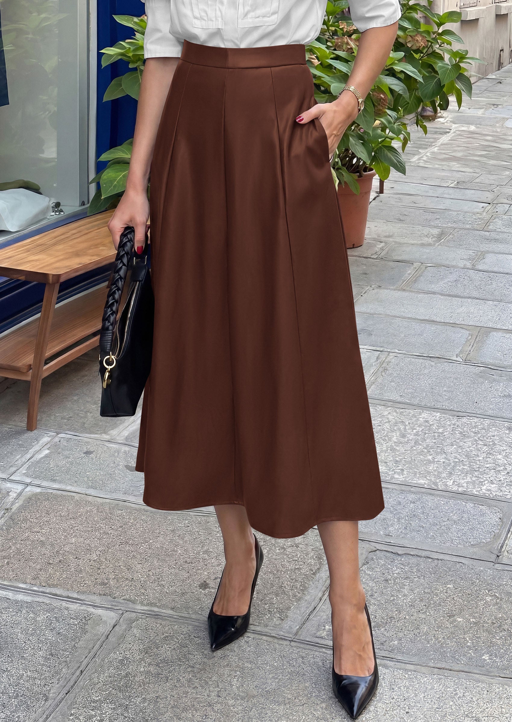 PRETTYGARDEN Womens Faux Leather High Waisted Midi Skirt | Flowy A Line Pleated Skirts, Elegant Swing Flared, Work Business Casual Outfits, Fall Winter Fashion Clothes