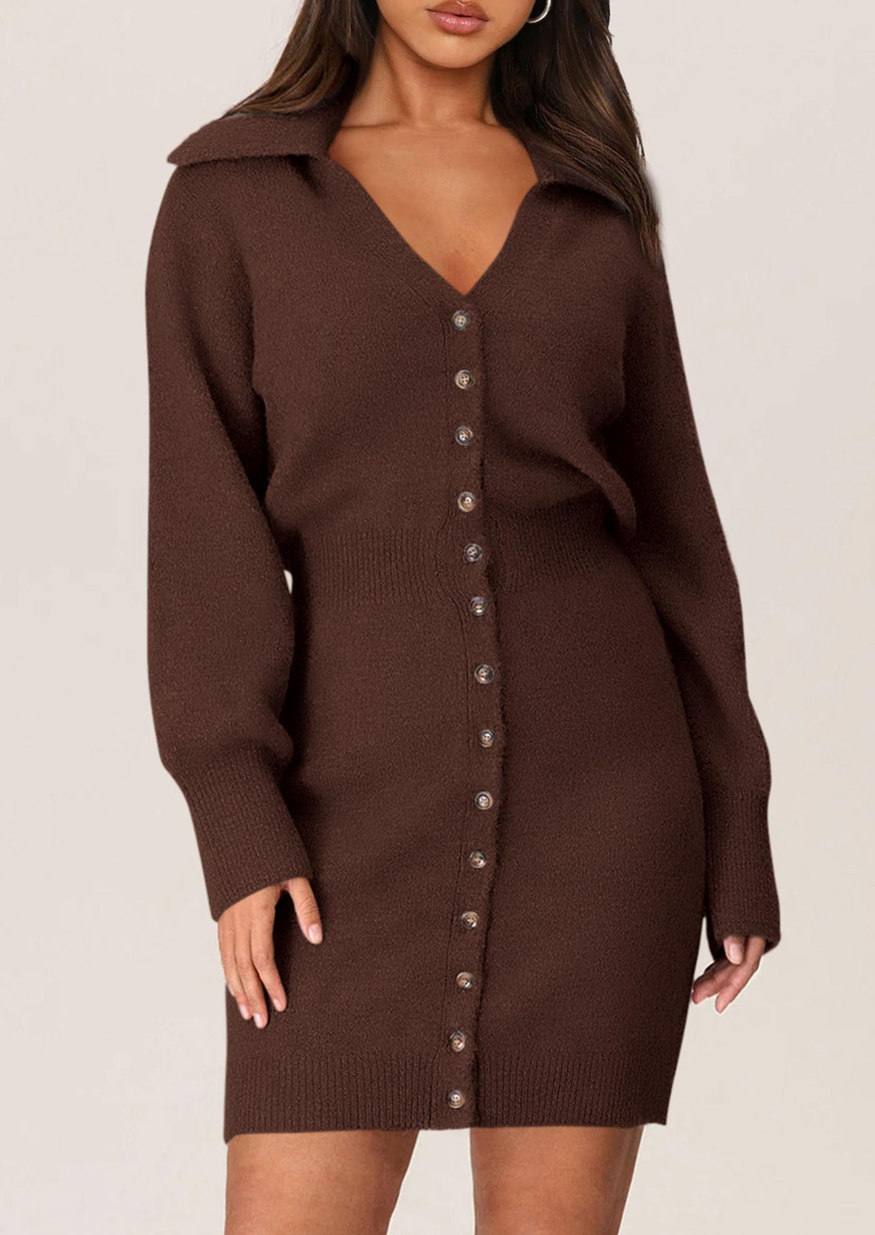 PRETTYGARDEN Sweater Dresses for Women Trendy Long Sleeve Button Down Short Spring Dress