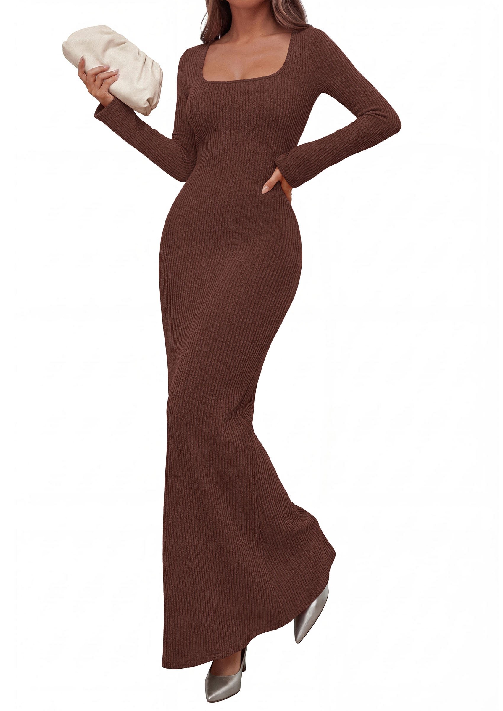 PRETTYGARDEN Women's Fall Long Sleeve Maxi Bodycon Dresses | Soft Stretchy Ribbed Knit, Bell Sleeve Square Neck Mermaid, Elegant Long Dress, Wedding Guest Party, 2026 Winter Clothing