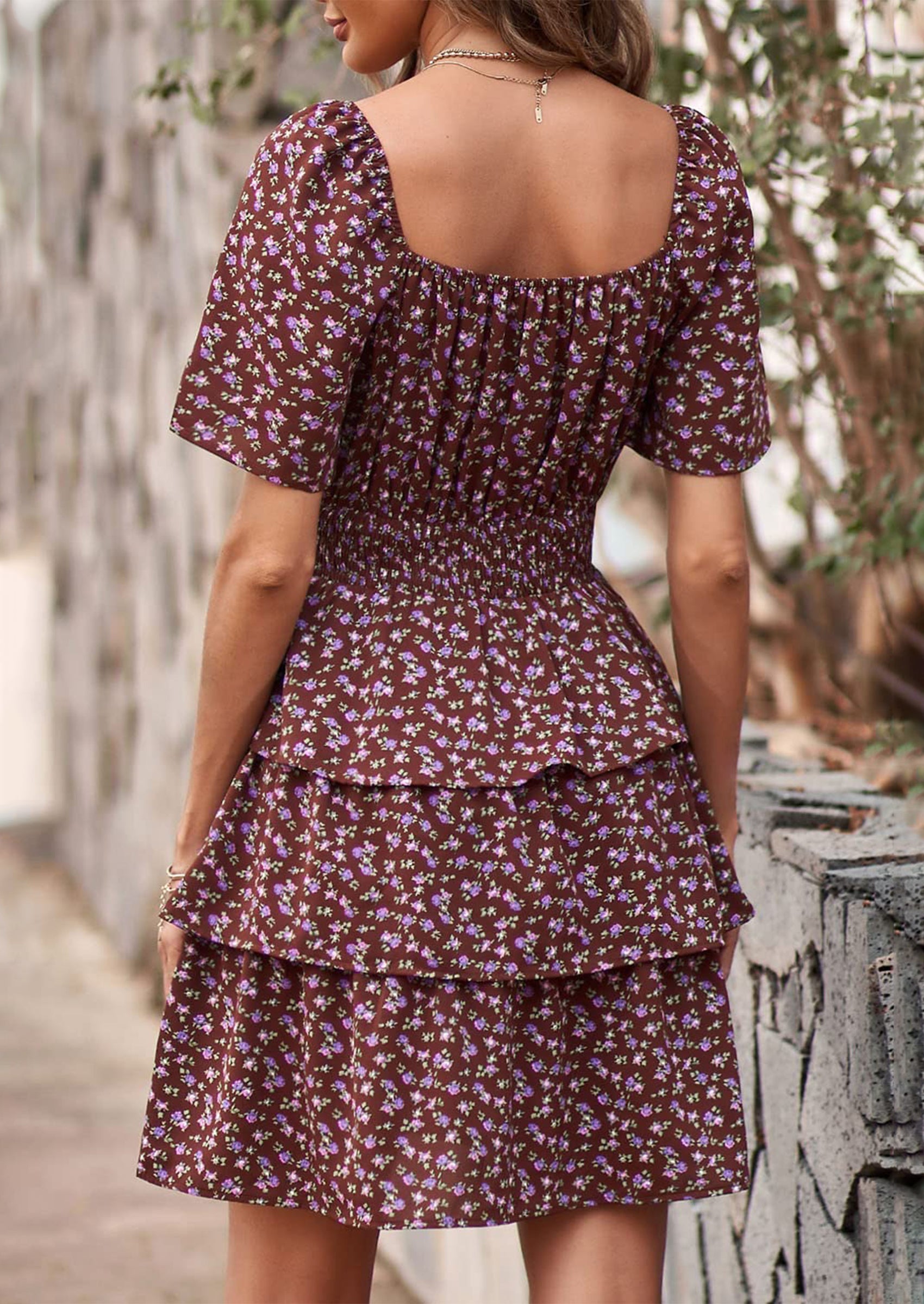 PRETTYGARDEN Women Floral Square Neck Short Sleeve Tiered Ruffle Boho Mini Dresses