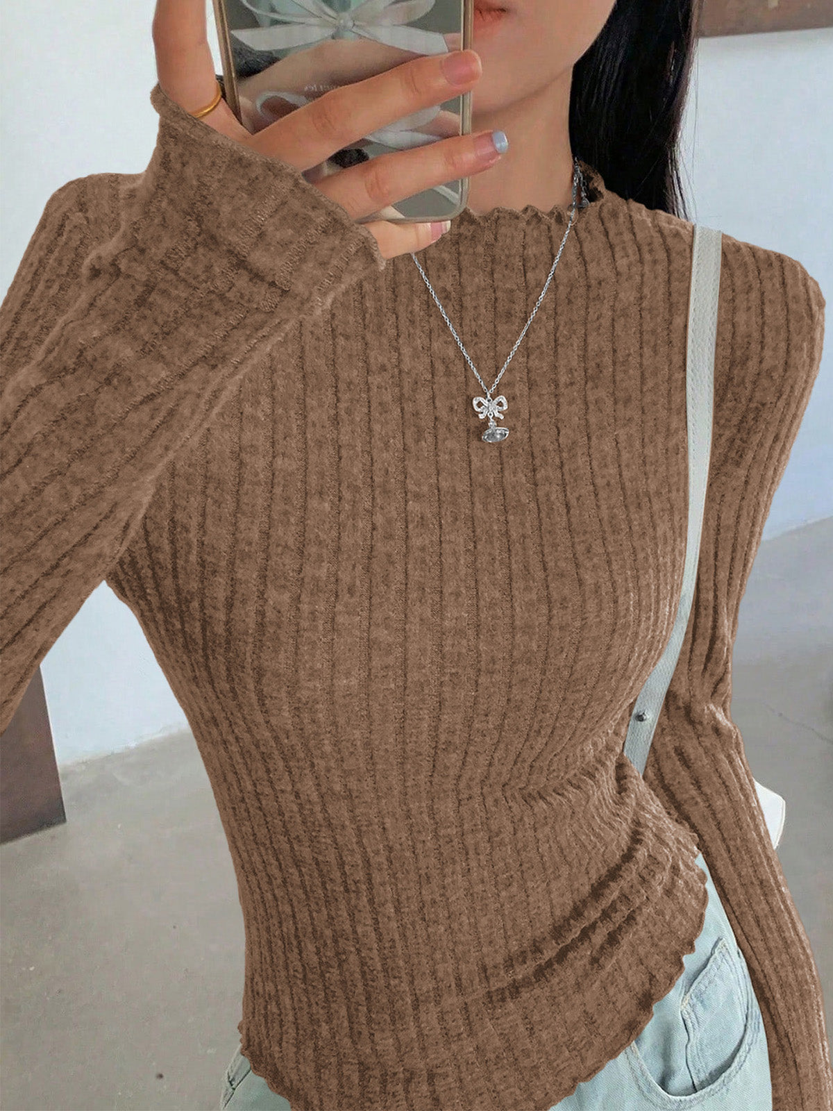PRETTYGARDEN Womens Long Sleeve Shirts 2026 Fashion Lettuce Trim Mock Neck Slim Fit Fall Tops Casual Tee Shirt Y2k Outfits