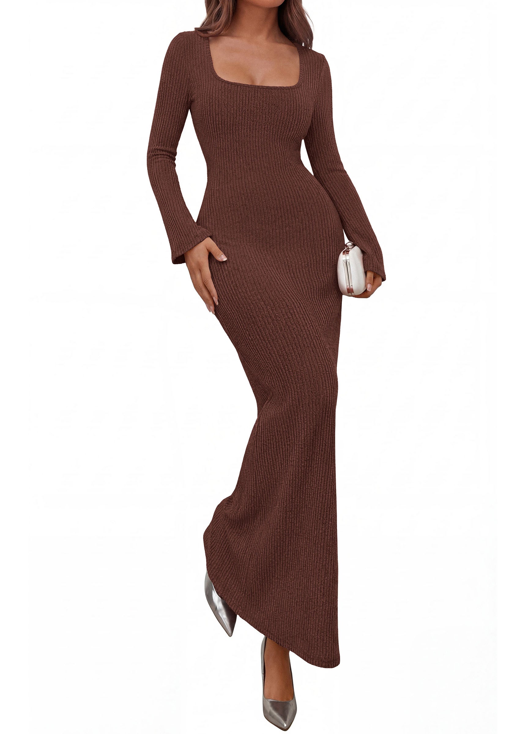 PRETTYGARDEN Women's Fall Long Sleeve Maxi Bodycon Dresses | Soft Stretchy Ribbed Knit, Bell Sleeve Square Neck Mermaid, Elegant Long Dress, Wedding Guest Party, 2026 Winter Clothing