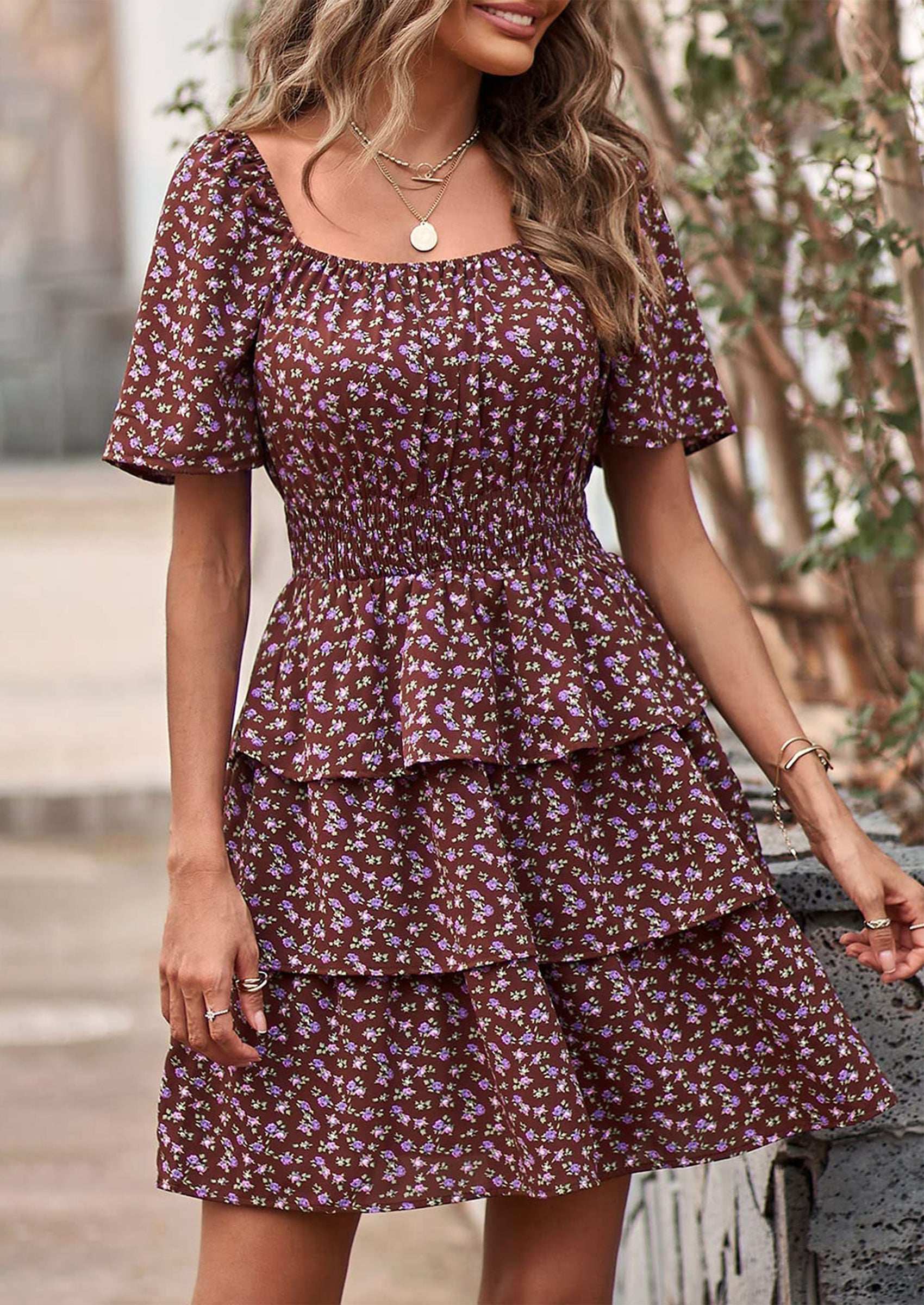 PRETTYGARDEN Women Floral Square Neck Short Sleeve Tiered Ruffle Boho Mini Dresses