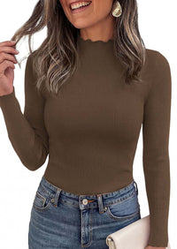 PRETTYGARDEN Women's Fall Long Sleeve Shirts Basic Tees | Soft Stretchy Ribbed Fabric, Lettuce Trim Mock Neck, Slim Fitted Cute Tops, Layering Fashion Clothing, Trendy Casual Outfits