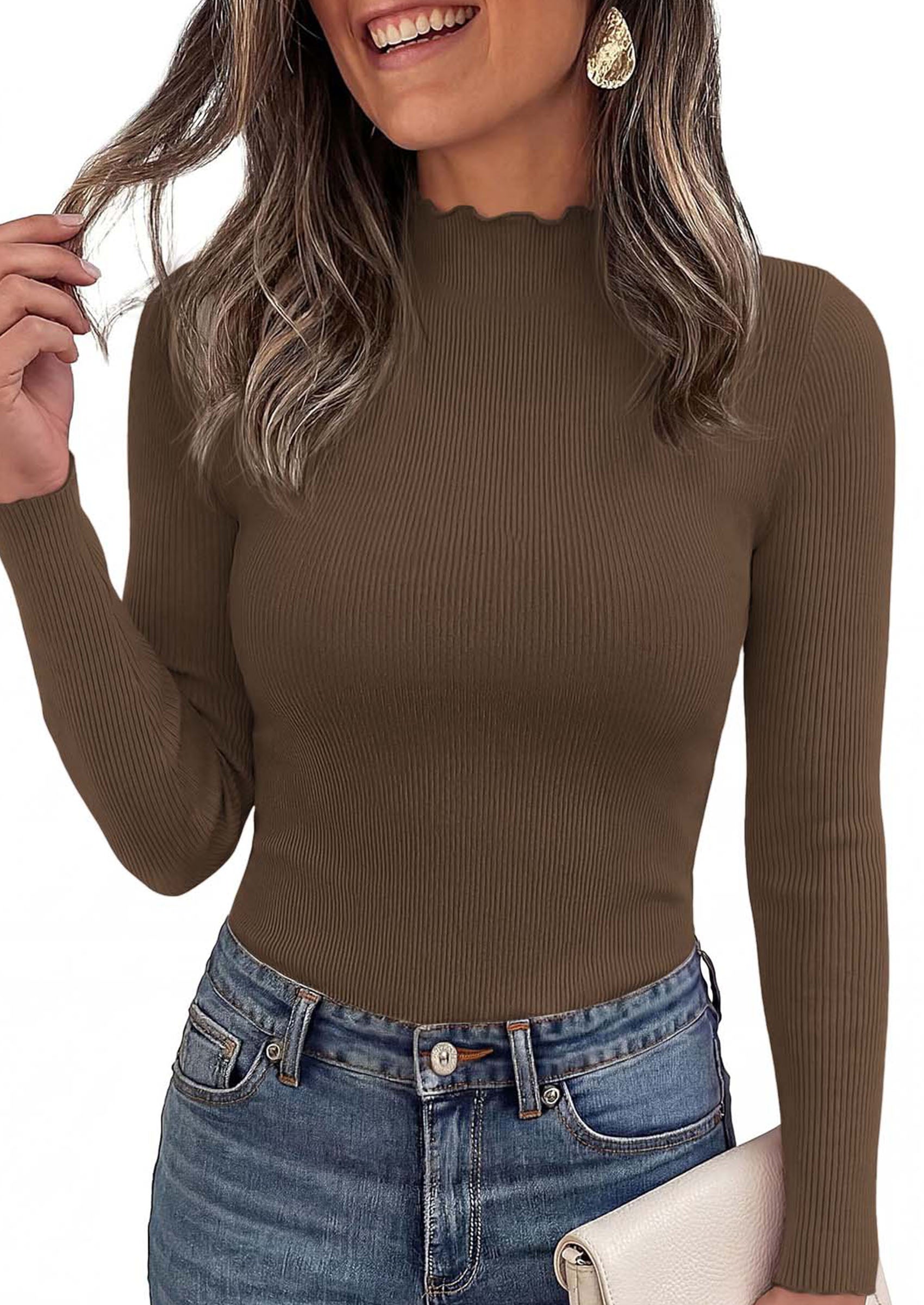 PRETTYGARDEN Women's Fall Long Sleeve Shirts Basic Tees | Soft Stretchy Ribbed Fabric, Lettuce Trim Mock Neck, Slim Fitted Cute Tops, Layering Fashion Clothing, Trendy Casual Outfits