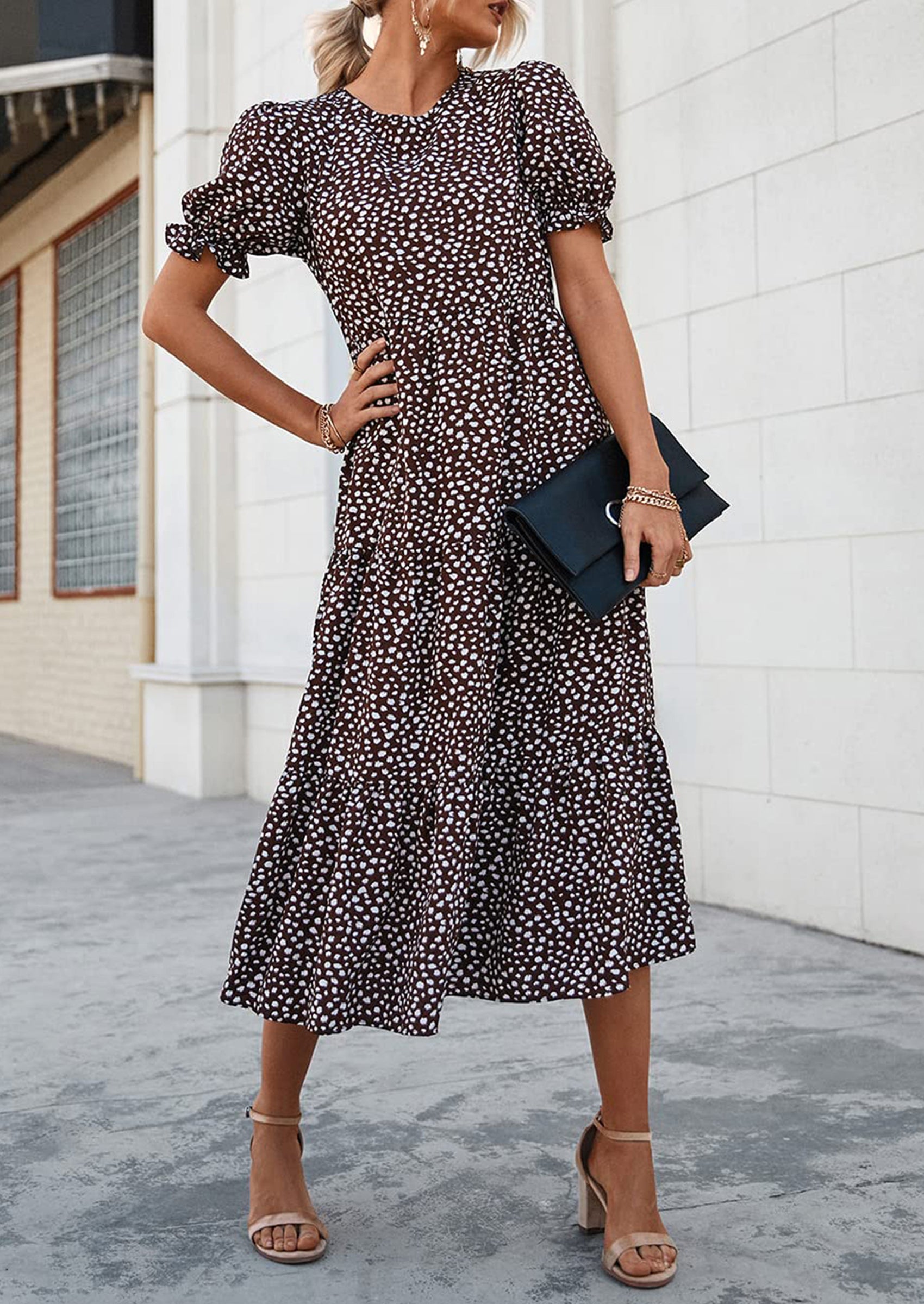 PRETTYGARDEN Women's Summer Casual Floral Boho Dress Puff Short Sleeve Ruffle Flowy Beach Party Midi Dresses