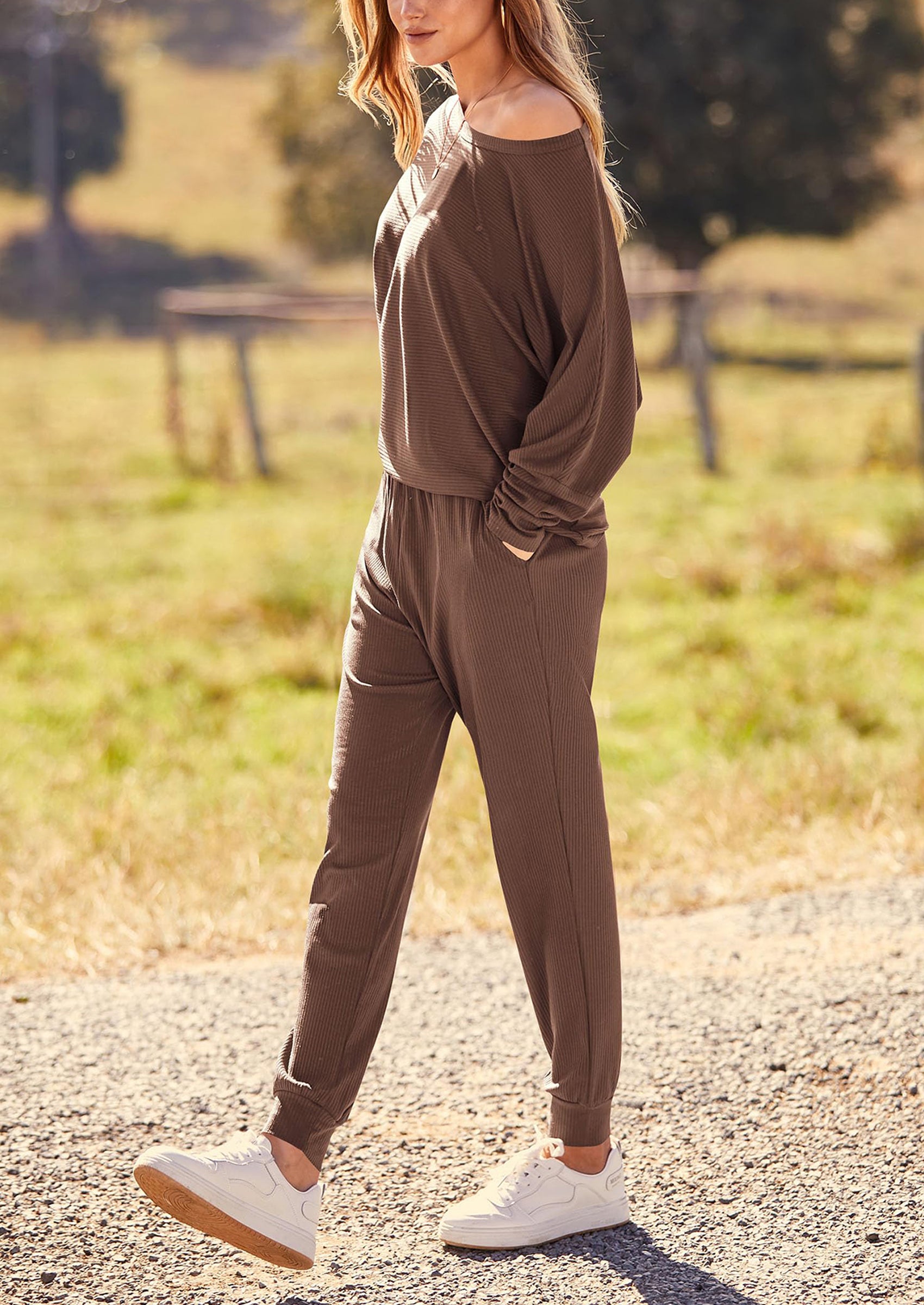 PRETTYGARDEN Women's Fall 2 Piece Lounge Set Long Sleeve Tops Ribbed Pants Spring Matching Sweatsuit Travel Outfits Clothes