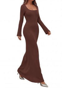 PRETTYGARDEN Women's Fall Long Sleeve Maxi Bodycon Dresses | Soft Stretchy Ribbed Knit, Bell Sleeve Square Neck Mermaid, Elegant Long Dress, Wedding Guest Party, 2026 Winter Clothing
