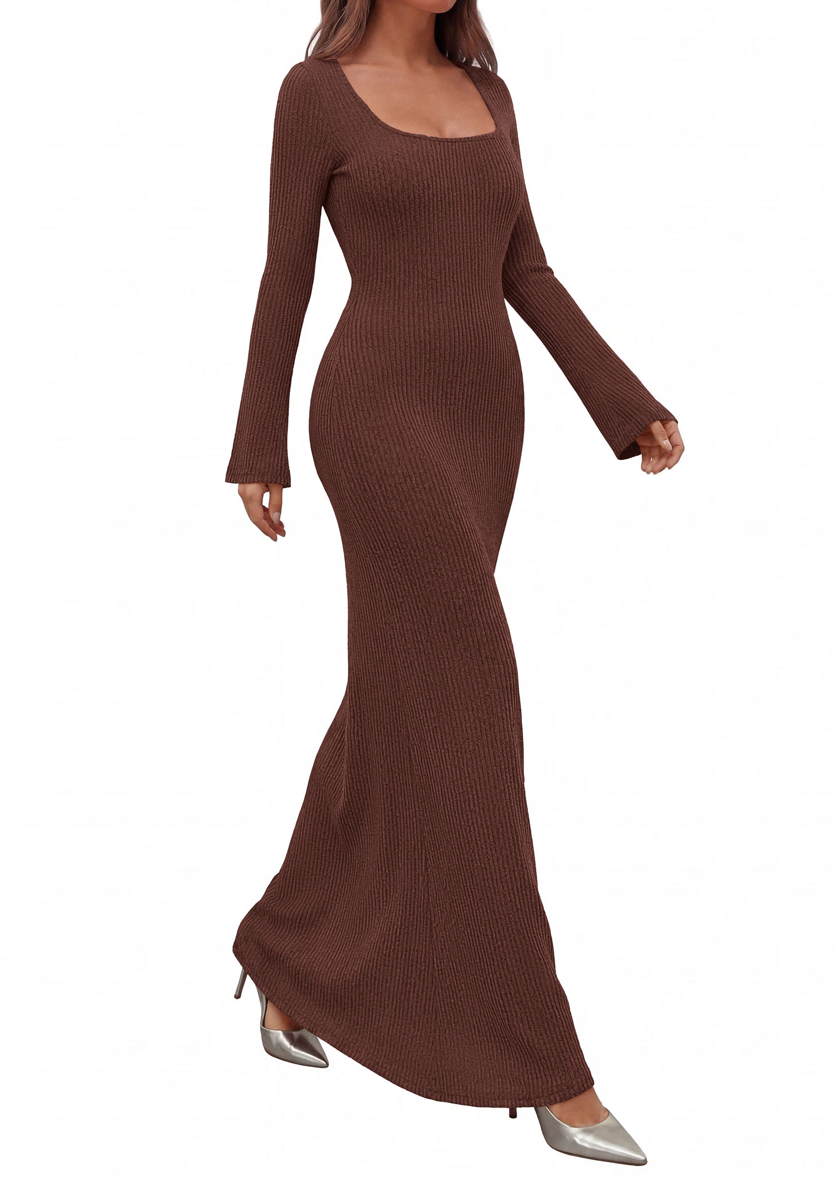 PRETTYGARDEN Women's Fall Long Sleeve Maxi Bodycon Dresses | Soft Stretchy Ribbed Knit, Bell Sleeve Square Neck Mermaid, Elegant Long Dress, Wedding Guest Party, 2026 Winter Clothing