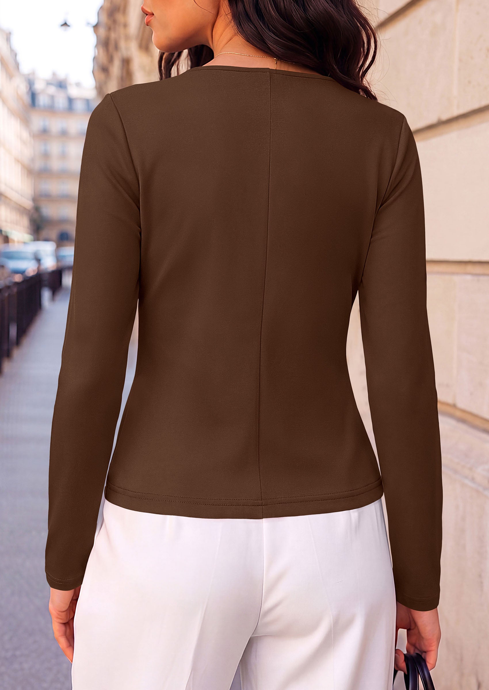 PRETTYGARDEN Womens Ruched Tops Casual Long Sleeve Shirt  Soft Stretchy Knit, Round Neck Slim Fitted Shape, Pleated Asymmetrical Hem, Office Work Daily Wear, Trendy Fall Outfits