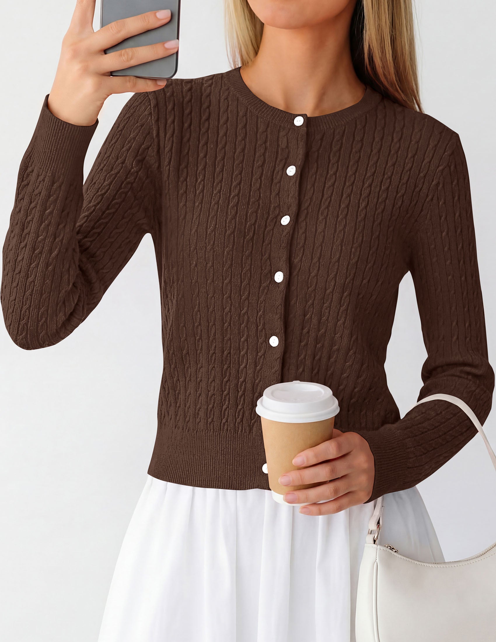 PRETTYGARDEN Women Lightweight Button Up Cardigan Sweaters | Soft Stretchy, Cozy Cable Knit, Long Sleeve Crew Neck, Trendy Cardigans, Cute Casual Outfits, Early Fall Fashion Clothing
