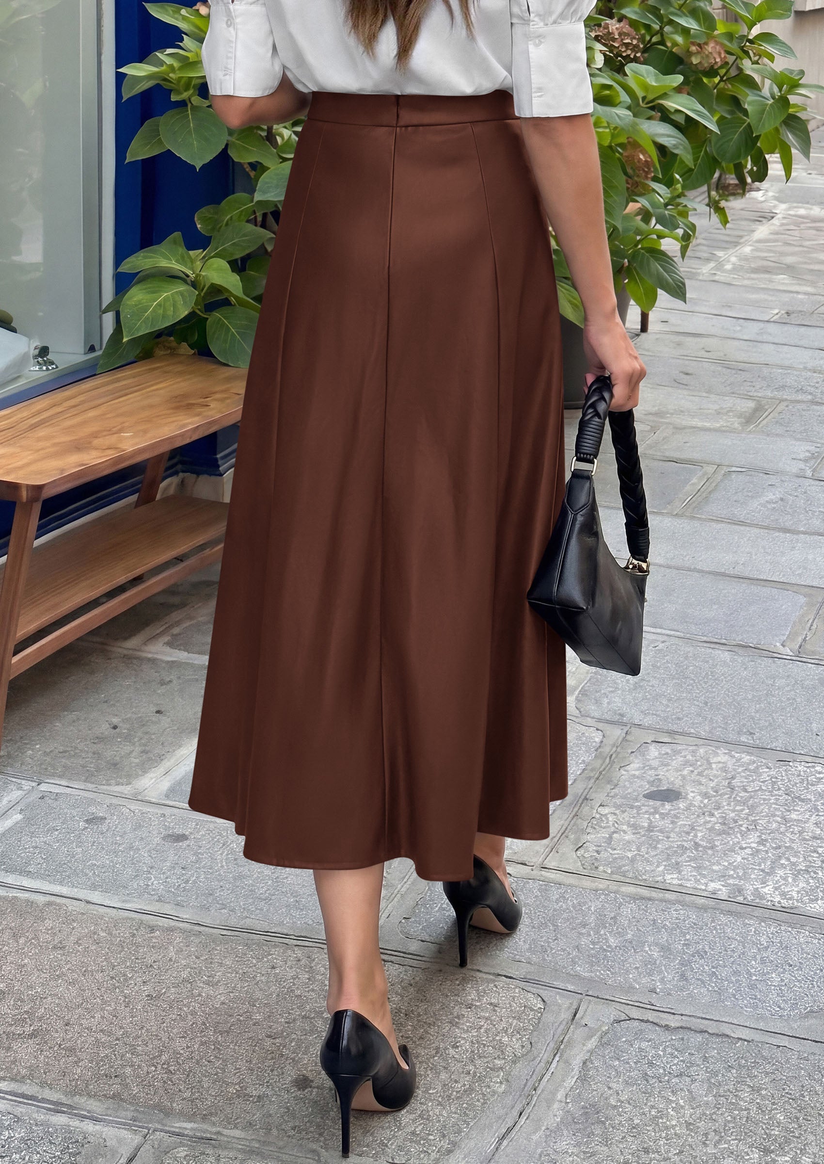 PRETTYGARDEN Womens Faux Leather High Waisted Midi Skirt | Flowy A Line Pleated Skirts, Elegant Swing Flared, Work Business Casual Outfits, Fall Winter Fashion Clothes