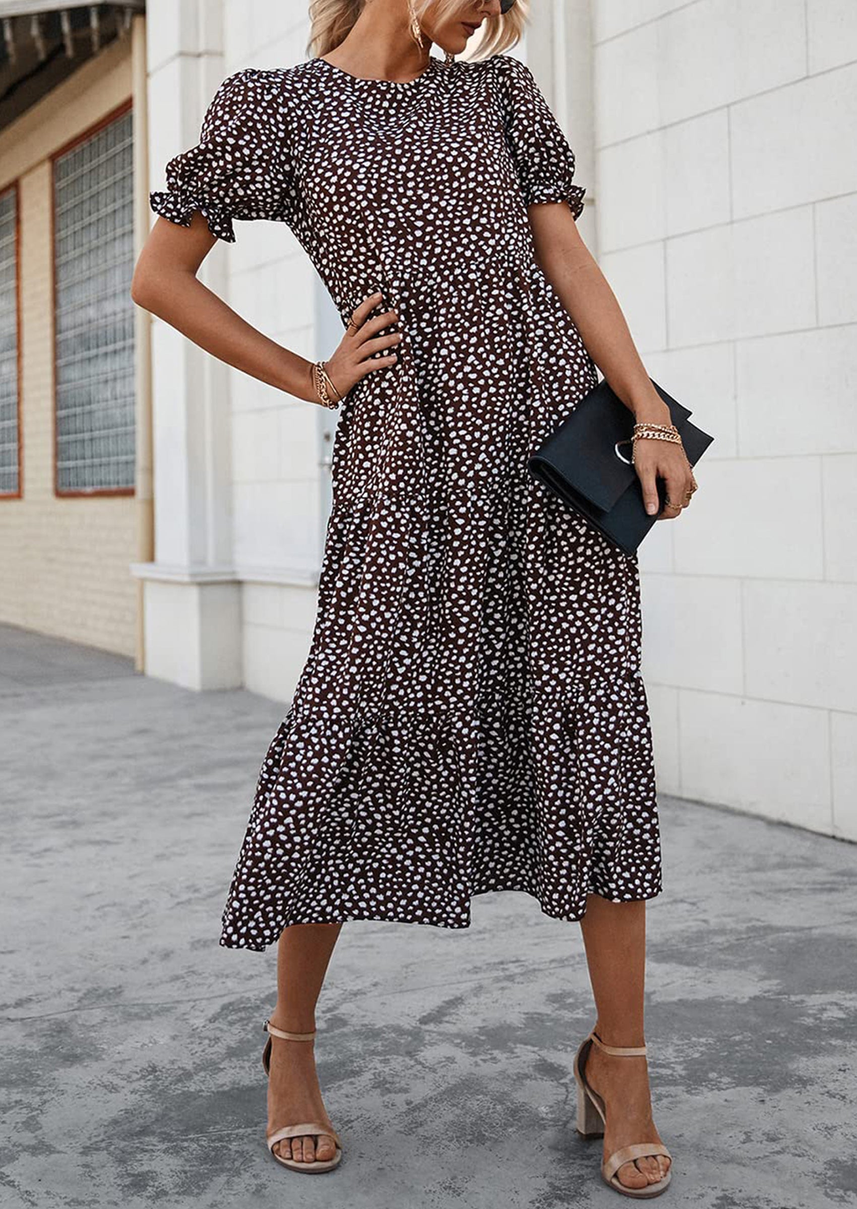 PRETTYGARDEN Women's Summer Casual Floral Boho Dress Puff Short Sleeve Ruffle Flowy Beach Party Midi Dresses