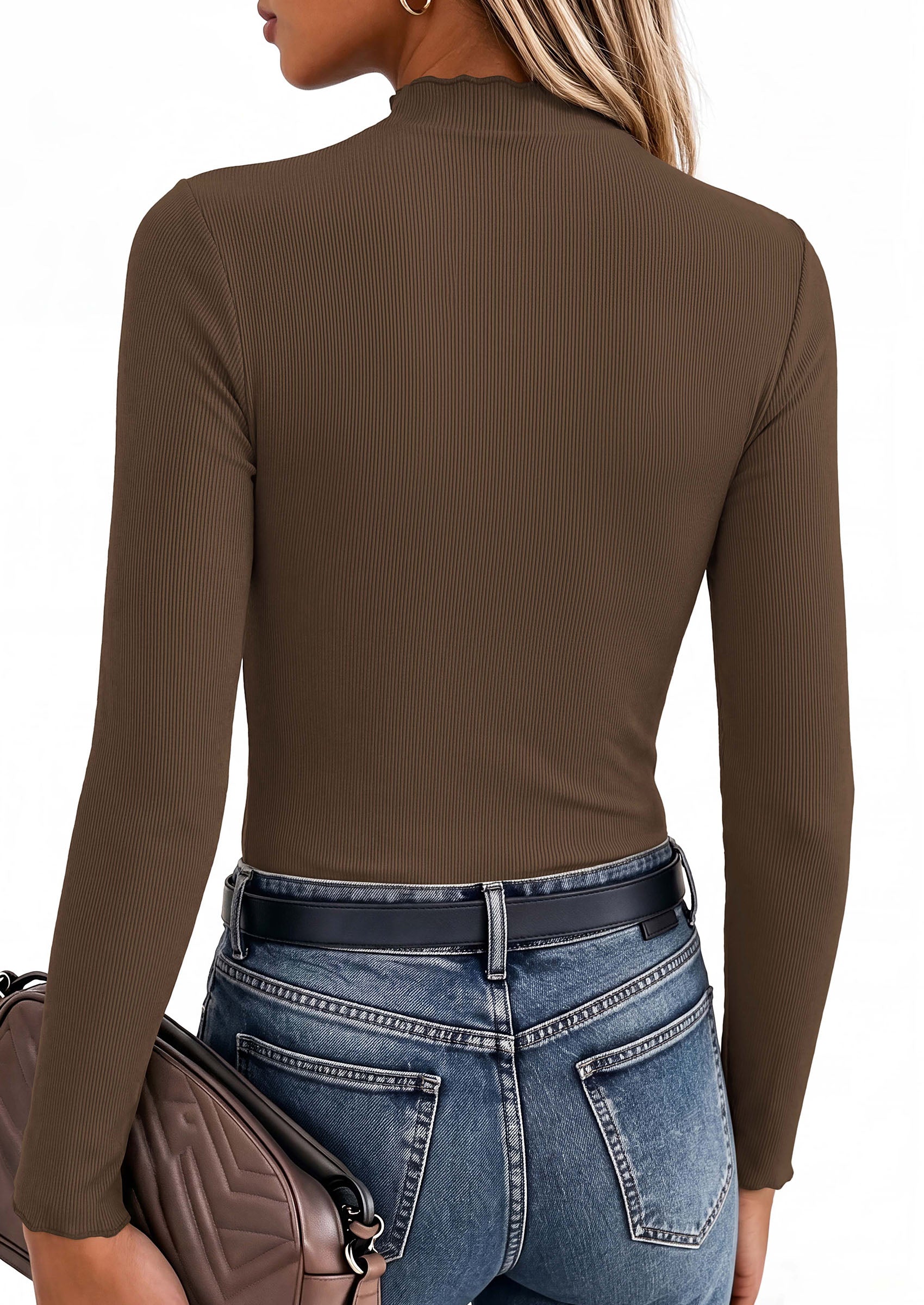 PRETTYGARDEN Women's Fall Long Sleeve Shirts Basic Tees | Soft Stretchy Ribbed Fabric, Lettuce Trim Mock Neck, Slim Fitted Cute Tops, Layering Fashion Clothing, Trendy Casual Outfits