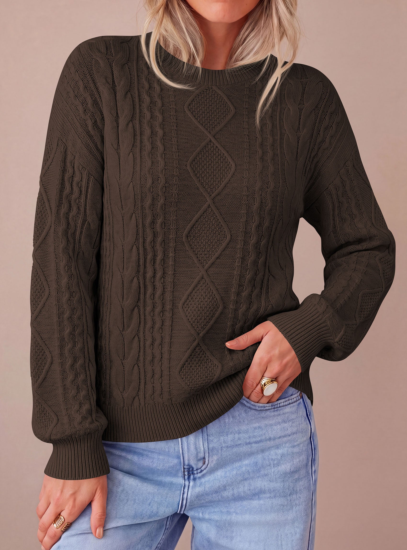 PRETTYGARDEN Womens Cable Knit Sweater Crewneck Pullover | Soft Ribbed Cuffs,Relaxed Fit Long Sleeve Sweaters,Chunky Diamond,Warm Layering,Comfy Daily Wear,Fall Winter Going out Top