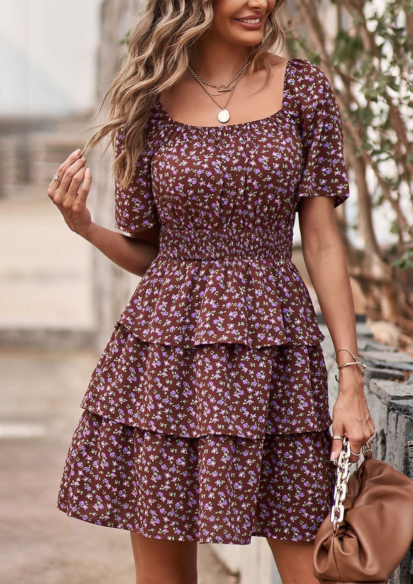 PRETTYGARDEN Women Floral Square Neck Short Sleeve Tiered Ruffle Boho Mini Dresses