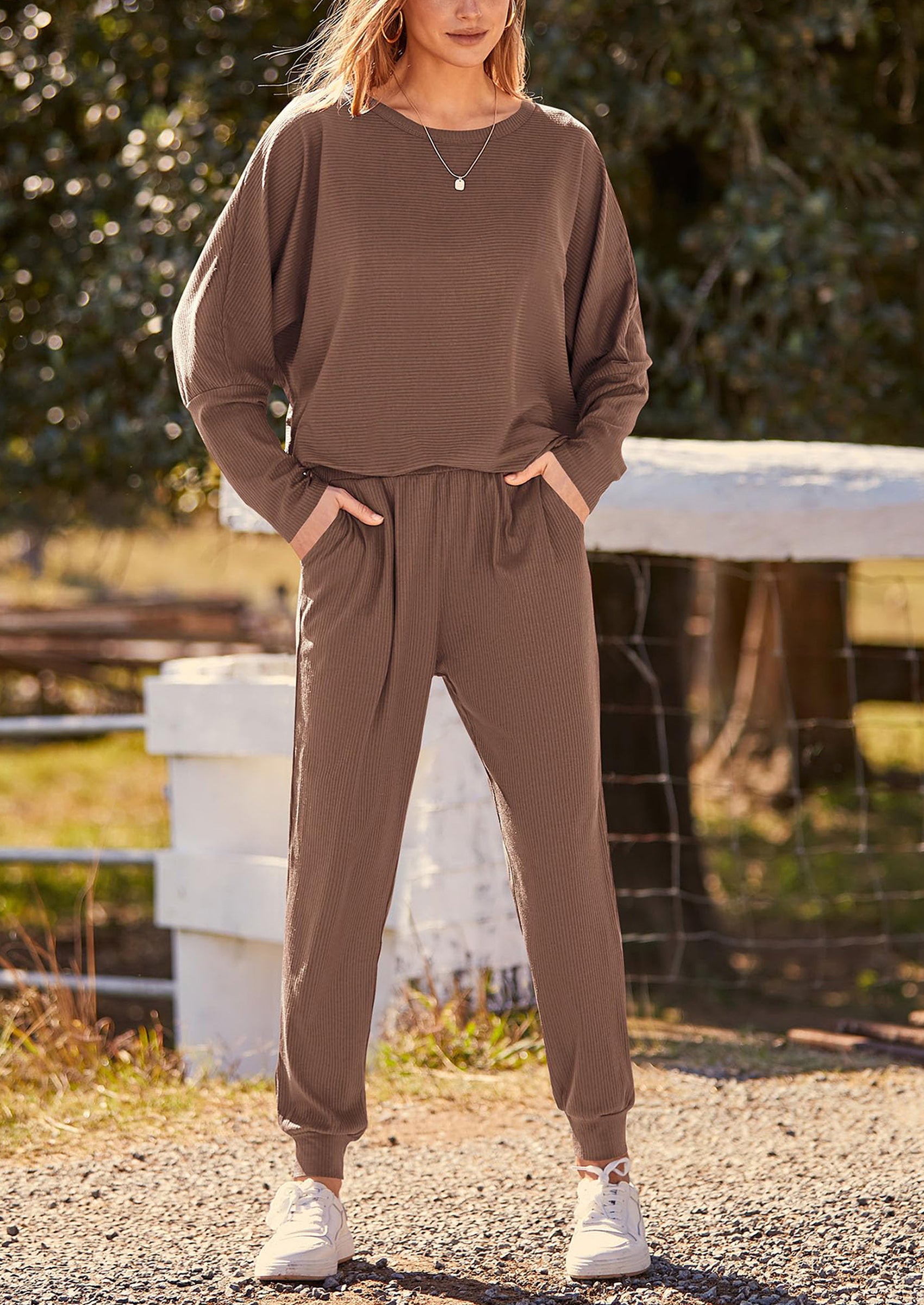 PRETTYGARDEN Women's Fall 2 Piece Lounge Set Long Sleeve Tops Ribbed Pants Spring Matching Sweatsuit Travel Outfits Clothes