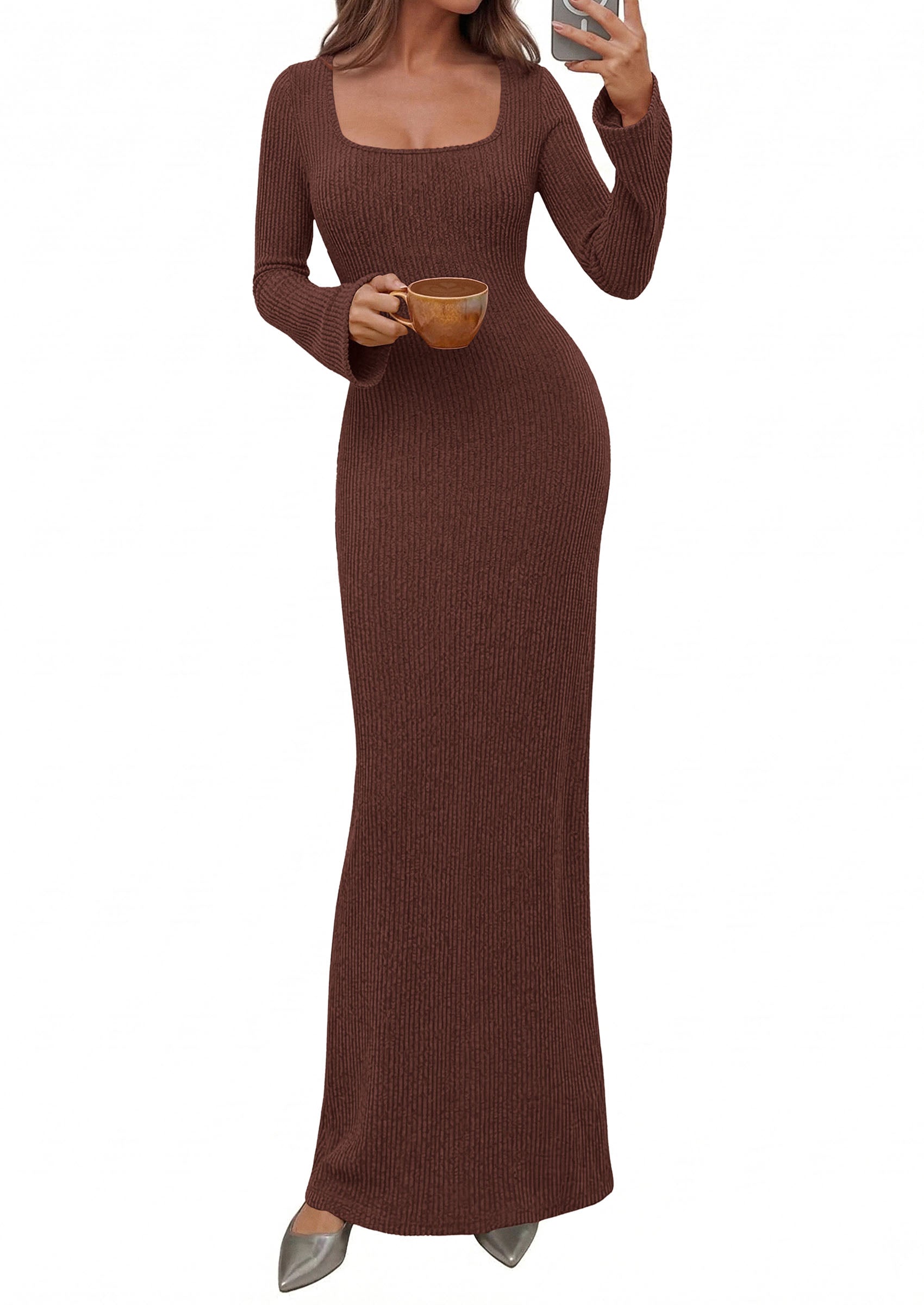 PRETTYGARDEN Women's Fall Long Sleeve Maxi Bodycon Dresses | Soft Stretchy Ribbed Knit, Bell Sleeve Square Neck Mermaid, Elegant Long Dress, Wedding Guest Party, 2026 Winter Clothing