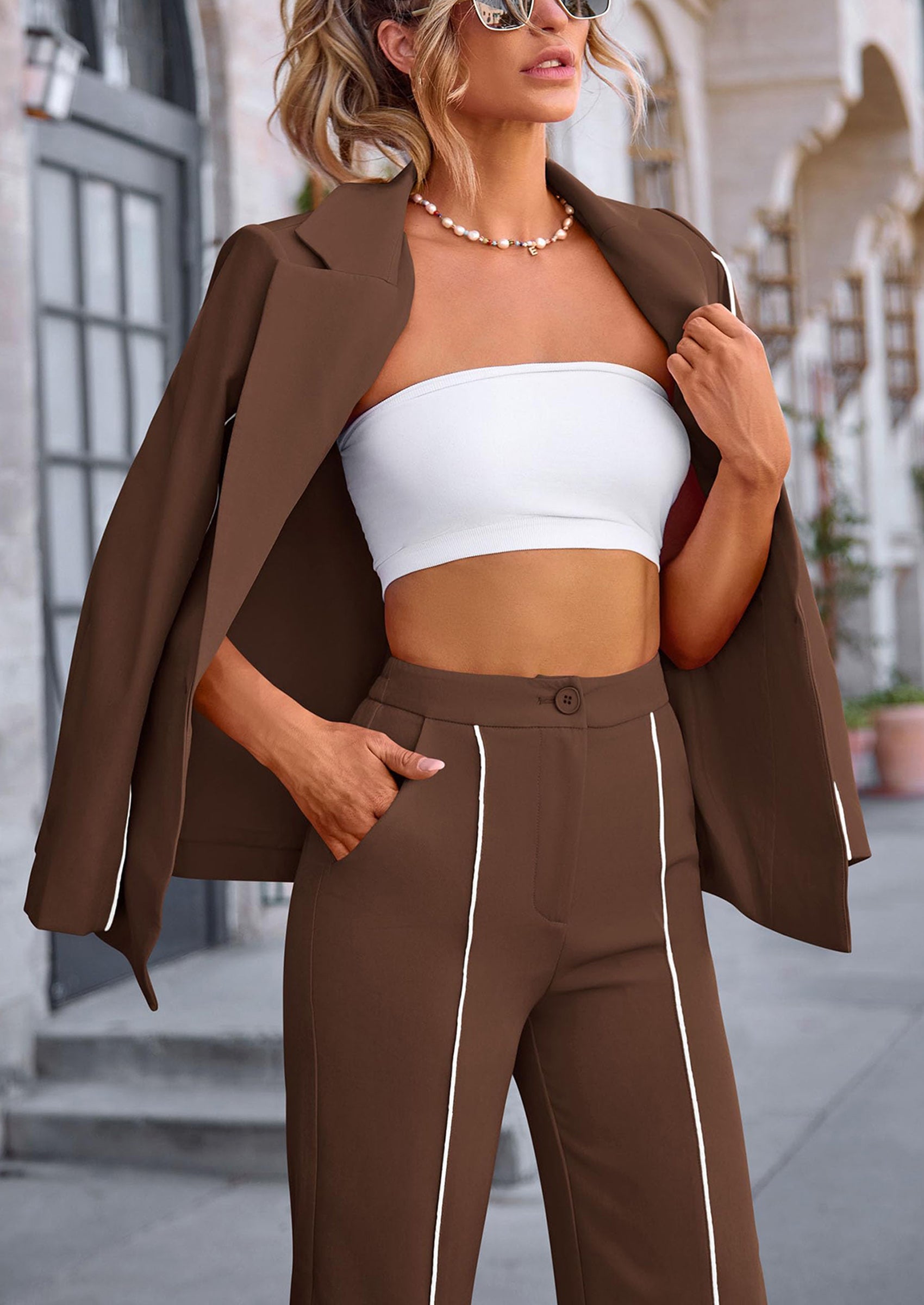 PRETTYGARDEN 2 Piece Blazer Outfits Business Casual Oversized Jacket Wide Leg Work Pants Dressy Suit Set