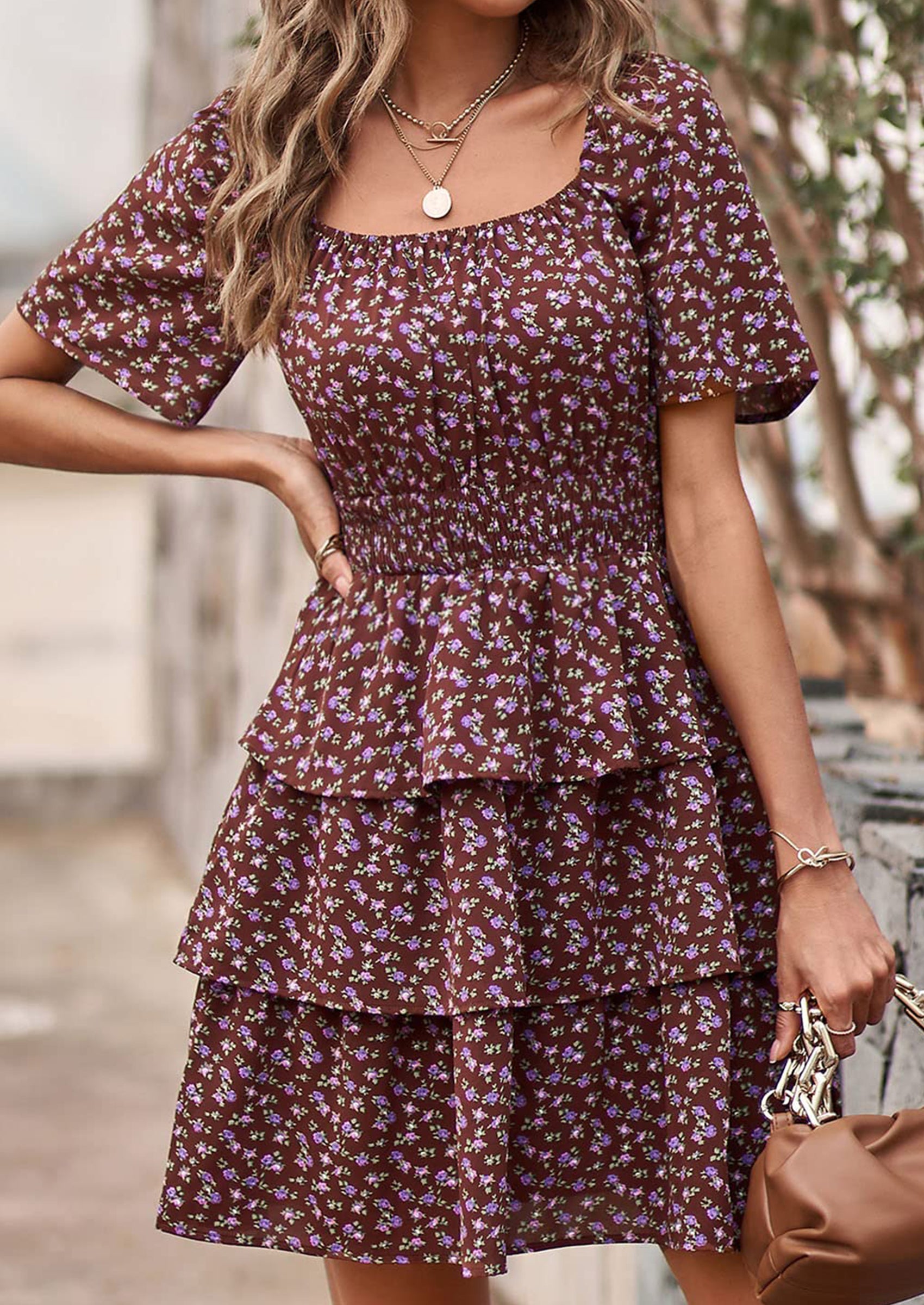 PRETTYGARDEN Women Floral Square Neck Short Sleeve Tiered Ruffle Boho Mini Dresses