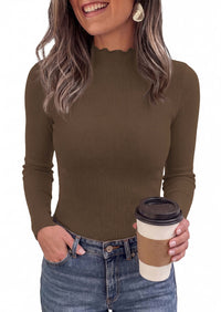 PRETTYGARDEN Women's Fall Long Sleeve Shirts Basic Tees | Soft Stretchy Ribbed Fabric, Lettuce Trim Mock Neck, Slim Fitted Cute Tops, Layering Fashion Clothing, Trendy Casual Outfits