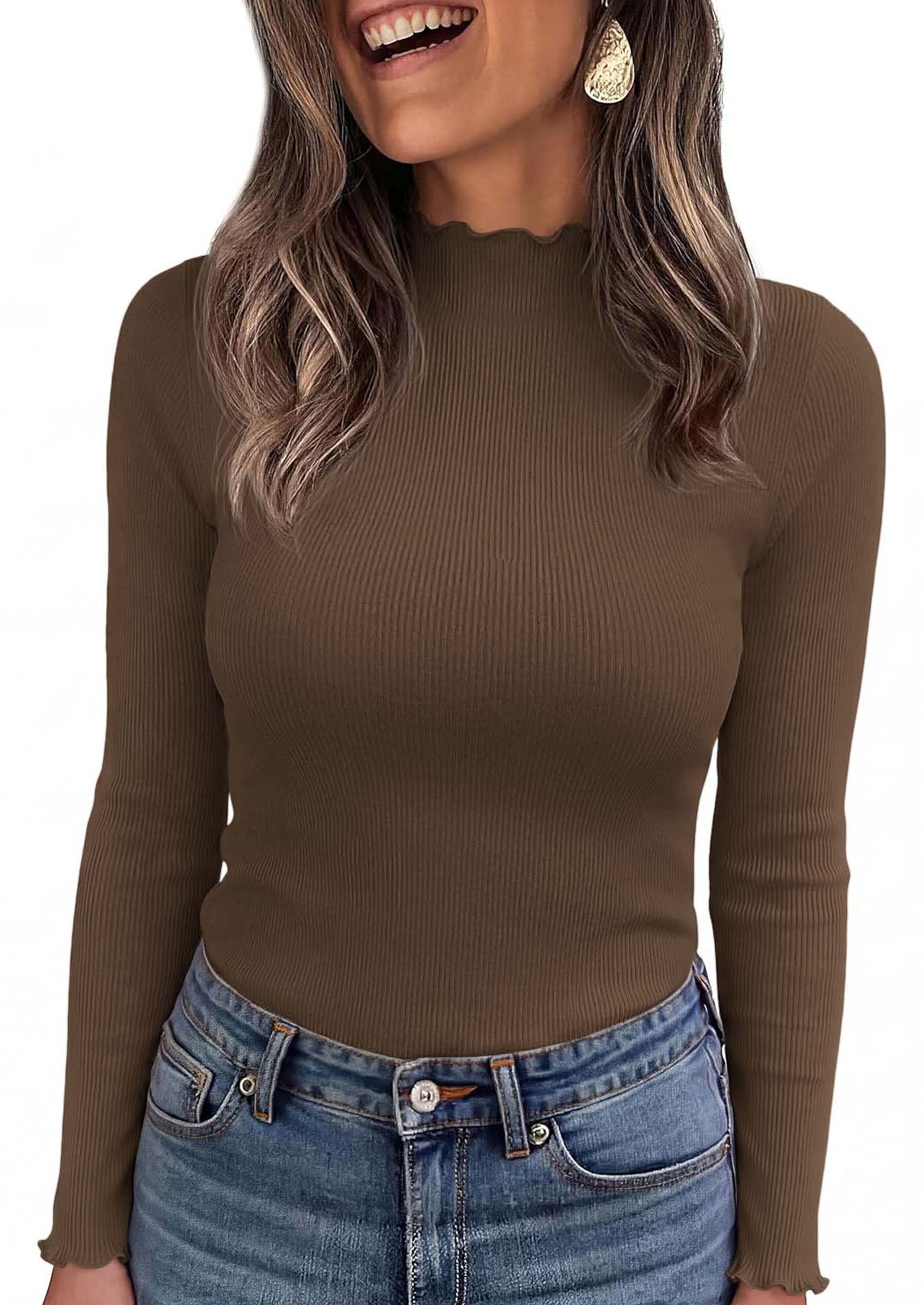 PRETTYGARDEN Women's Fall Long Sleeve Shirts Basic Tees | Soft Stretchy Ribbed Fabric, Lettuce Trim Mock Neck, Slim Fitted Cute Tops, Layering Fashion Clothing, Trendy Casual Outfits