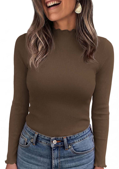 PRETTYGARDEN Women's Fall Long Sleeve Shirts Basic Tees | Soft Stretchy Ribbed Fabric, Lettuce Trim Mock Neck, Slim Fitted Cute Tops, Layering Fashion Clothing, Trendy Casual Outfits