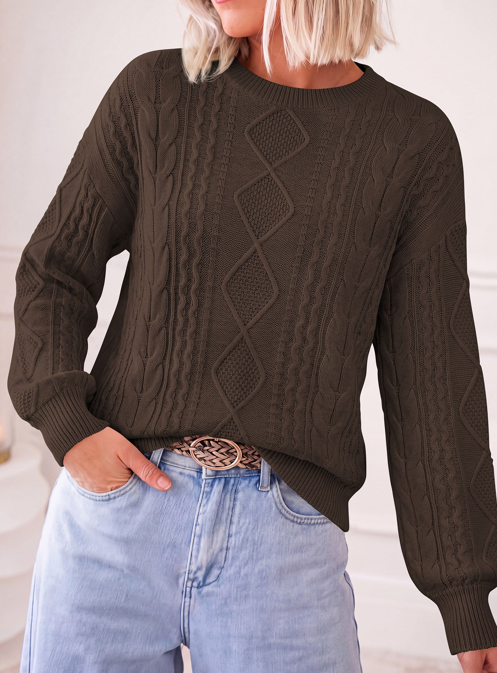 PRETTYGARDEN Womens Cable Knit Sweater Crewneck Pullover | Soft Ribbed Cuffs,Relaxed Fit Long Sleeve Sweaters,Chunky Diamond,Warm Layering,Comfy Daily Wear,Fall Winter Going out Top